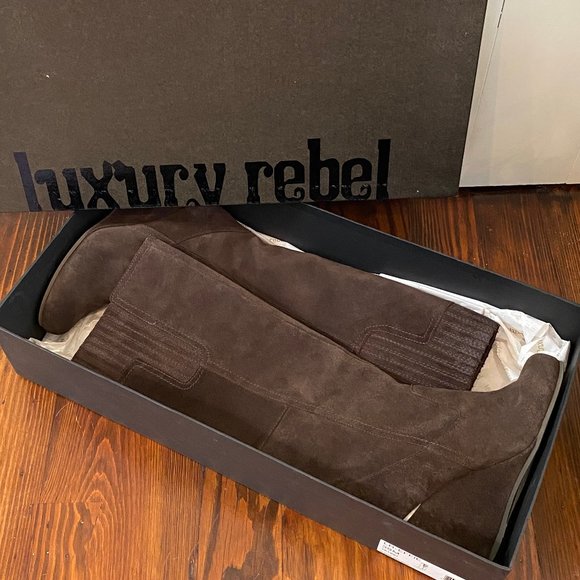 Luxury Rebel Effie Brown Suede Wedge Kneehigh Boot - Picture 3 of 5